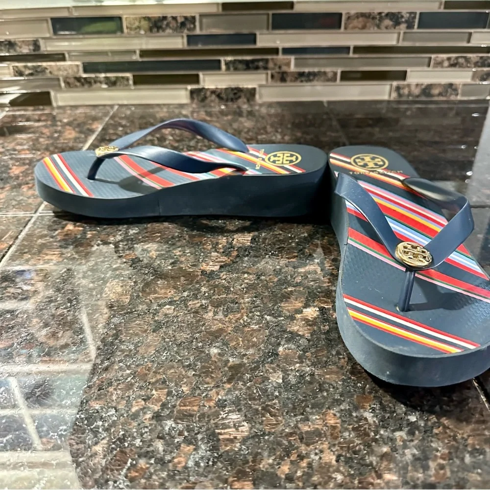 Tory Burch Navy Multicolor Stripe Flip Flops